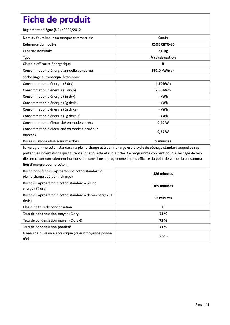 Page n°1 - Fiche technique Candy CSOE C8TG-80
