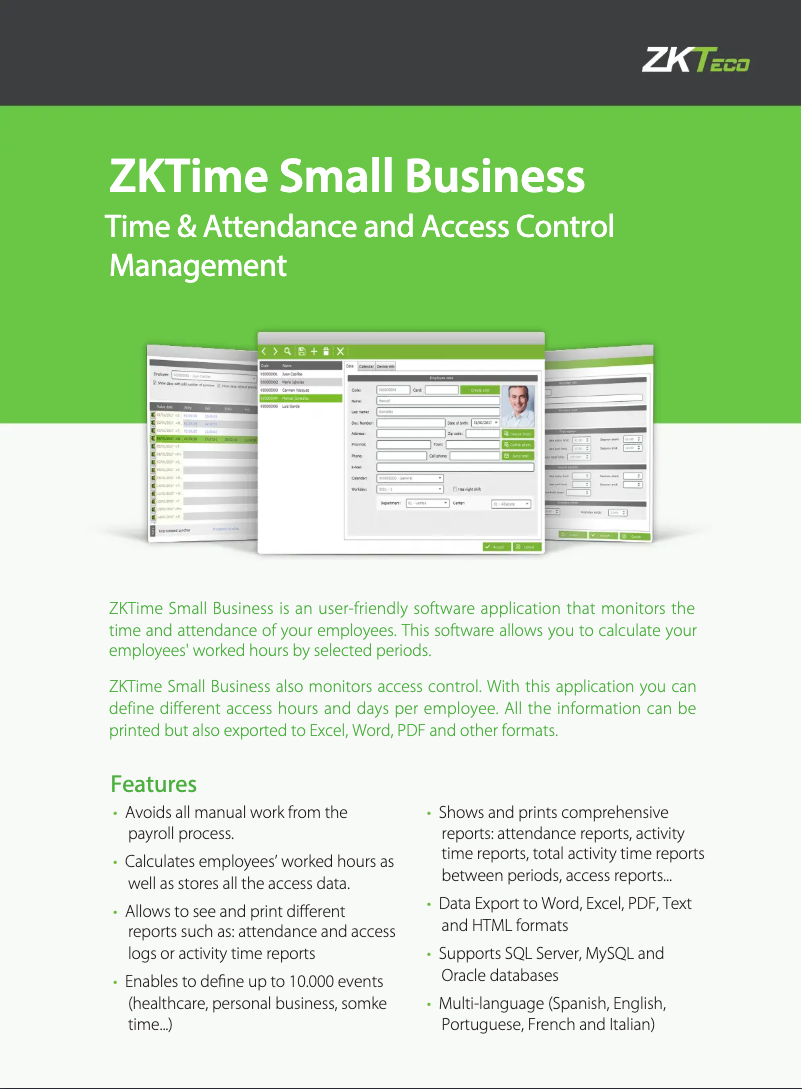 Page n°1 - Fiche technique ZKTeco ZKTime Small Business