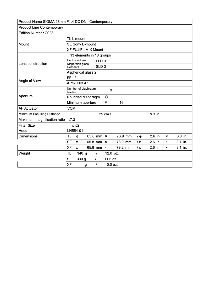 Page 1 de la notice Fiche technique Sigma 23mm F1.4 DC DN