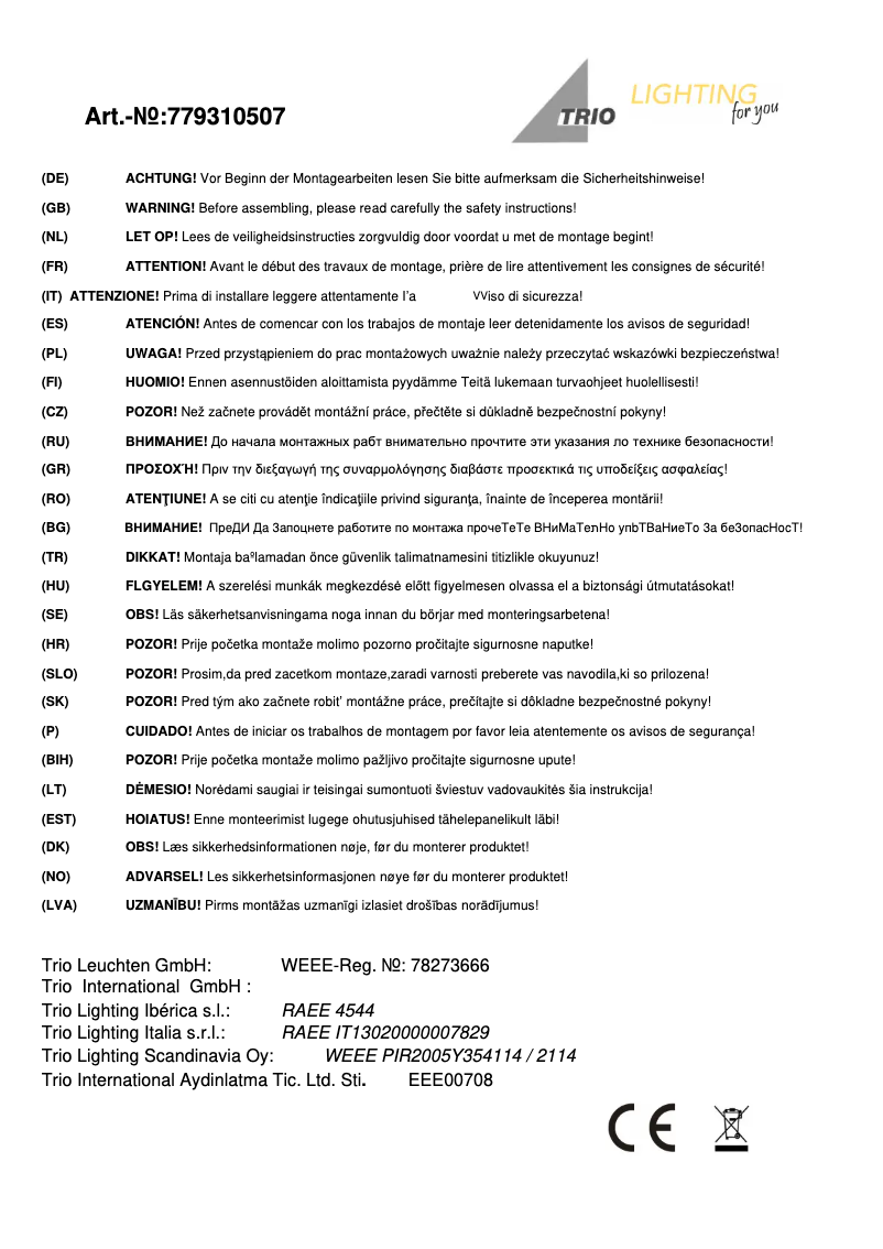 Page n°1 - Manuel utilisateur Trio Lighting Shark 779310507