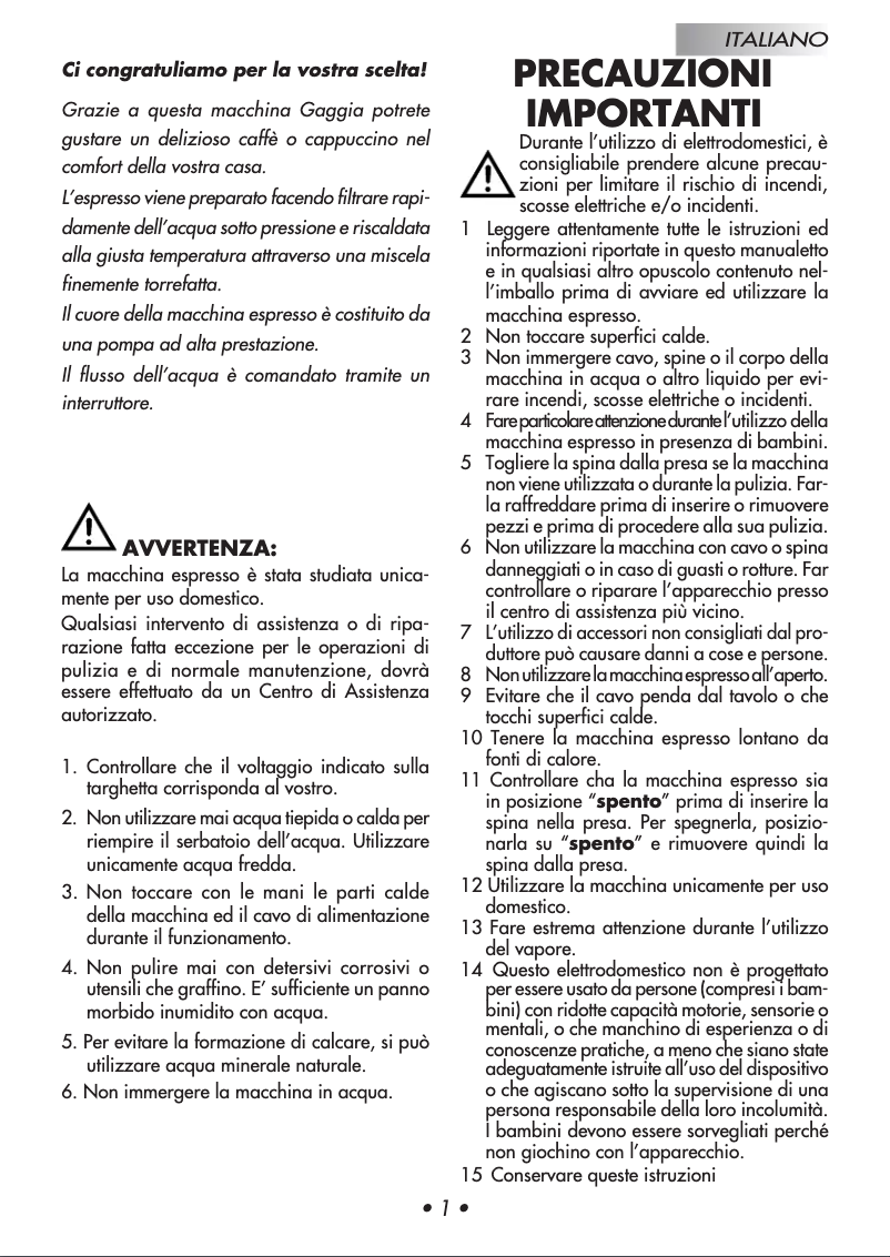 Page 1 of the manual User Manual Gaggia RI8157