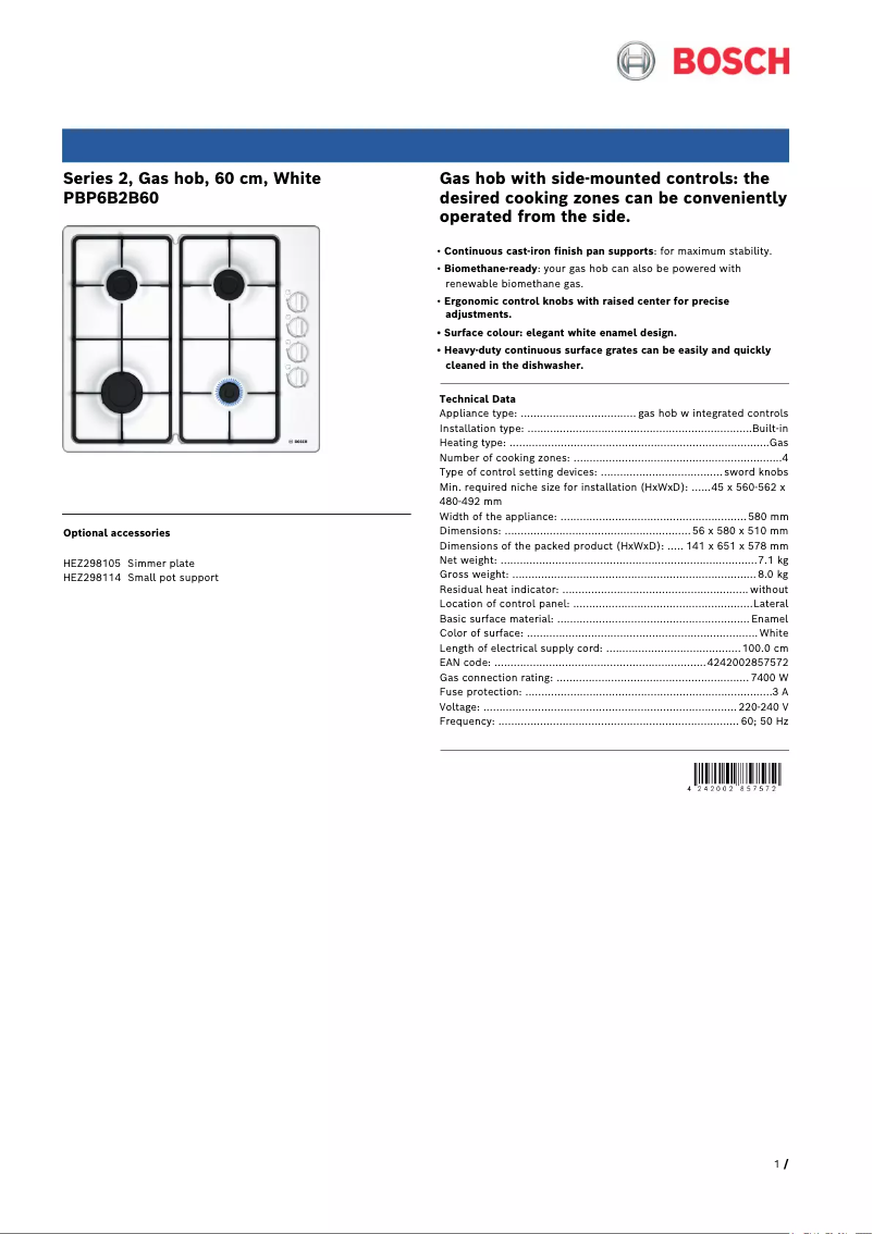 Page n°1 - Fiche technique Bosch PBP6B2B60