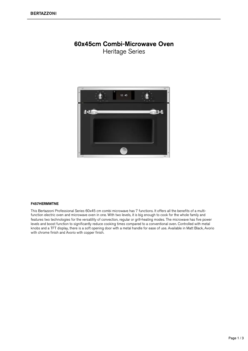 Page 1 de la notice Fiche technique Bertazzoni F457HERMWTNE