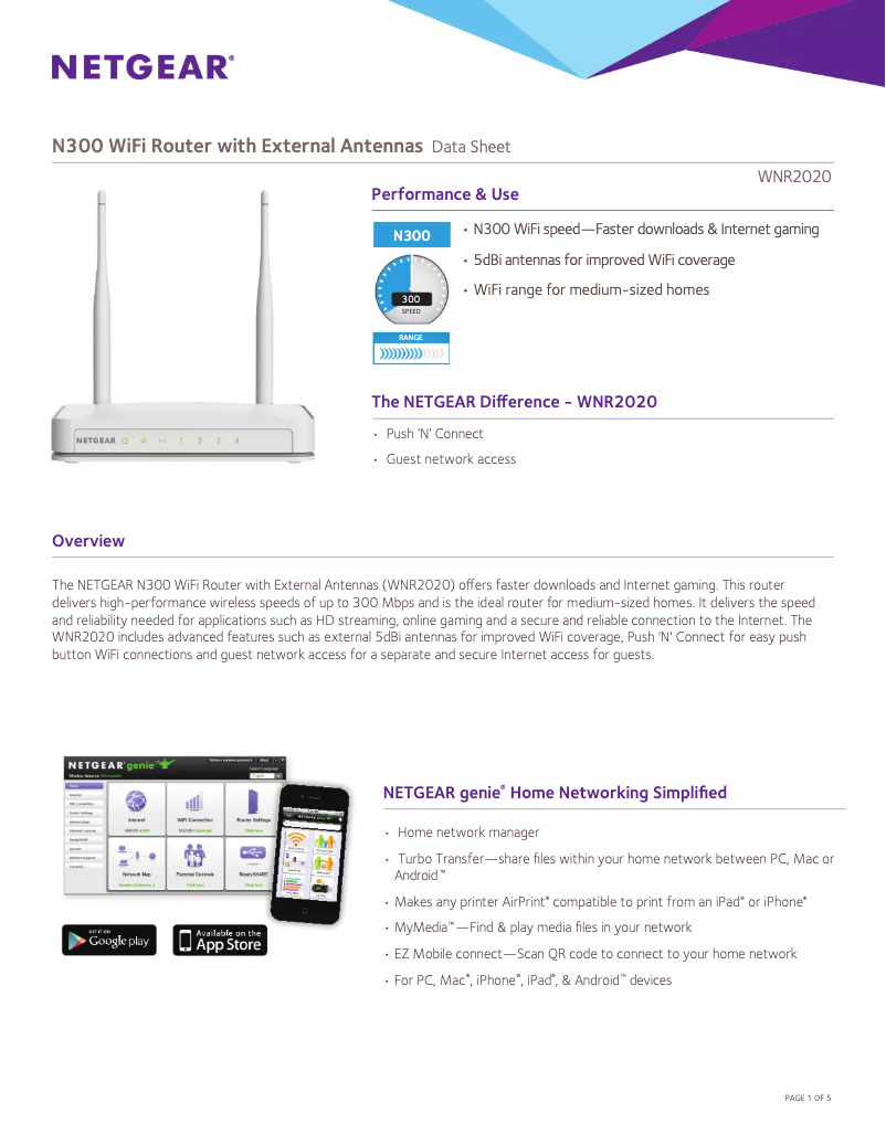 Page 1 de la notice Fiche technique Netgear WNR2020