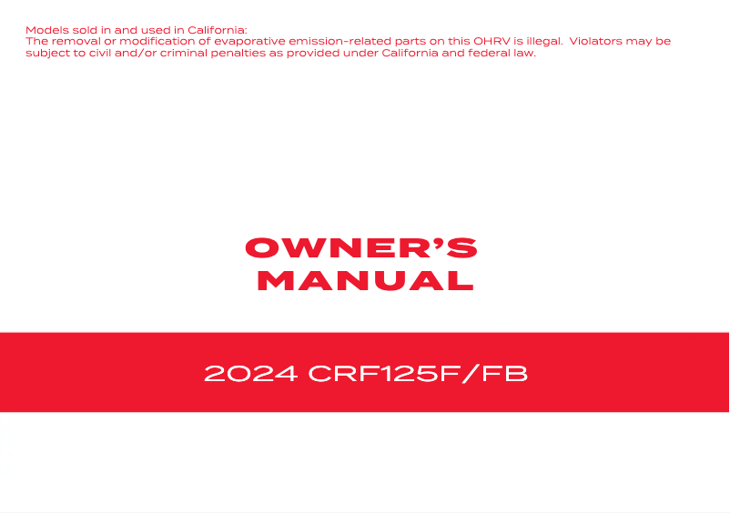 Page 1 de la notice Manuel utilisateur Honda CRF125F (2024)