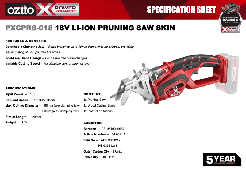 Página 1 del manual Ficha técnica Ozito PXCPRS-018