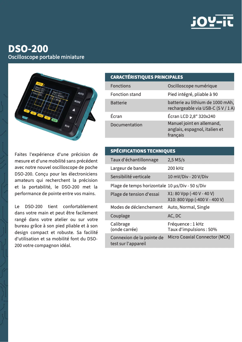 Page 1 de la notice Fiche technique Joy-It DSO-200