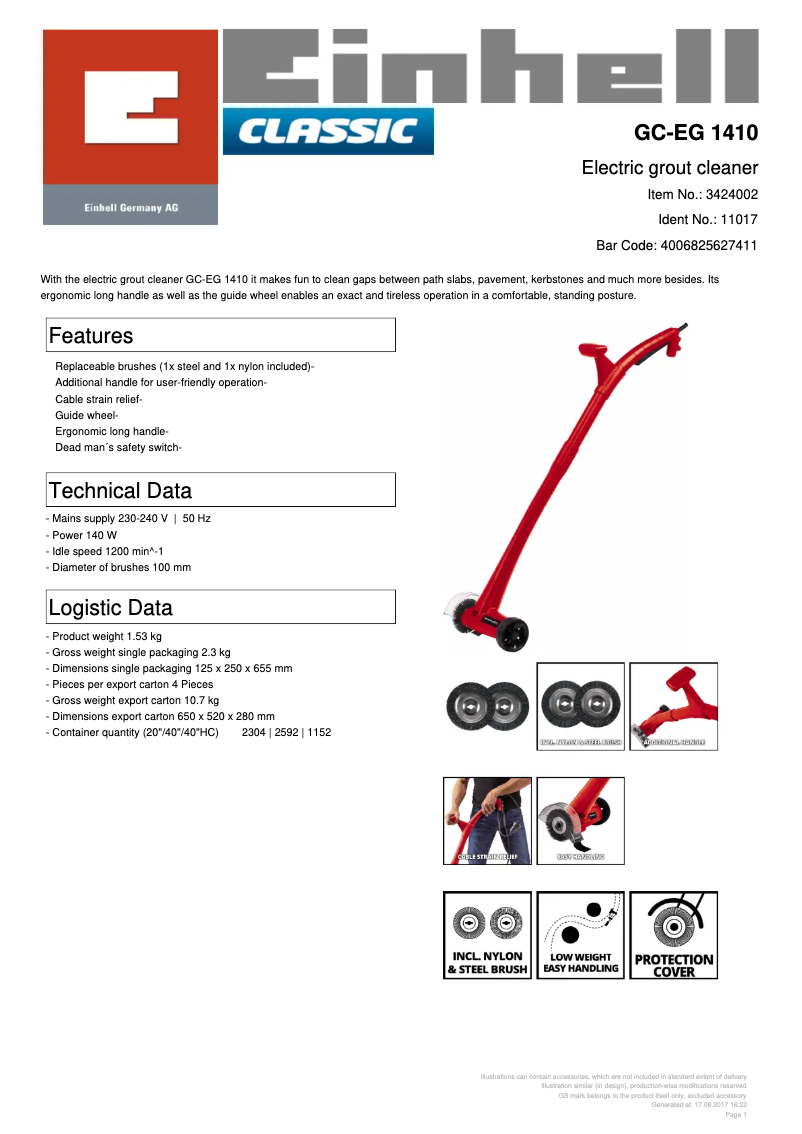 Page 1 de la notice Fiche technique Einhell GC-EG 1410