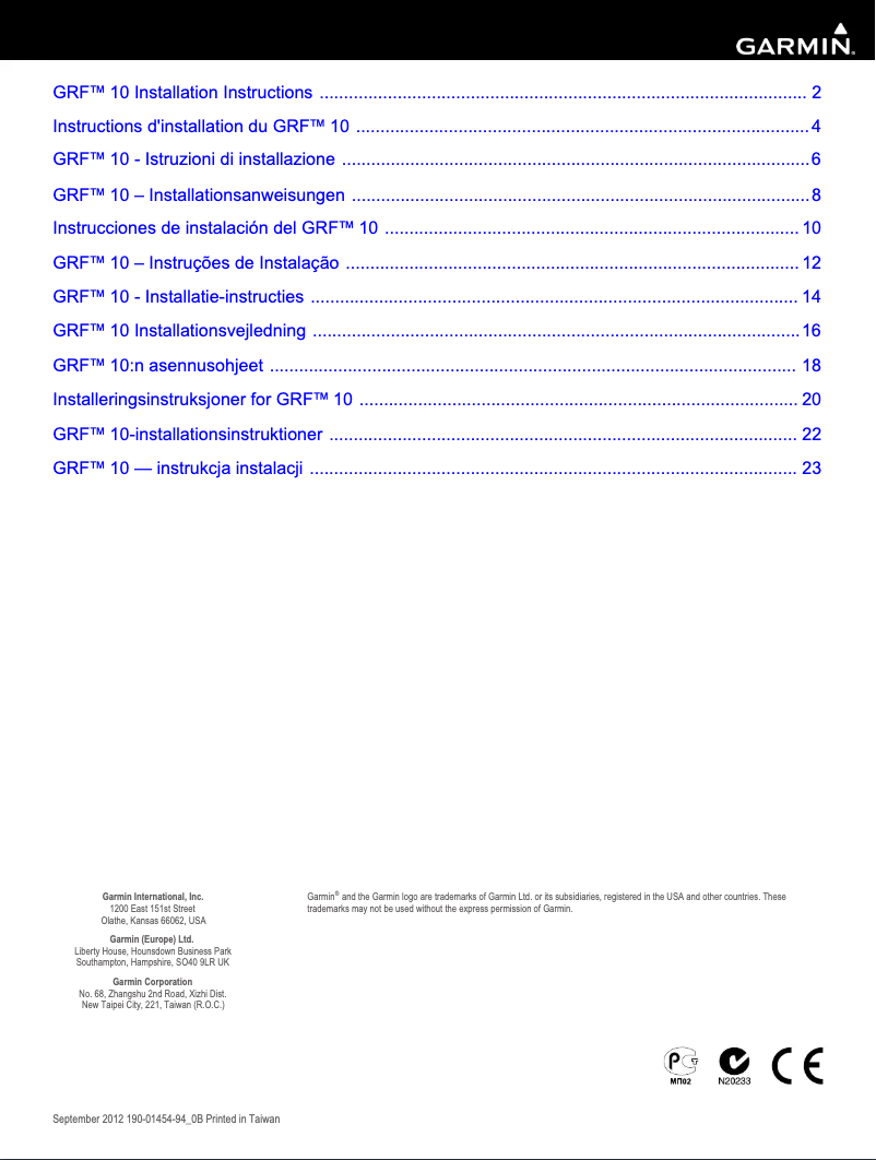 Page n°1 - Guide d'installation Garmin GRF 10