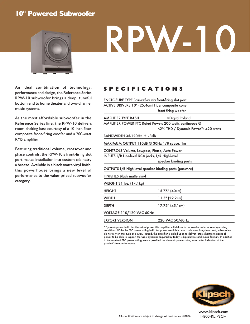 Page 1 de la notice Fiche technique Klipsch RPW-10