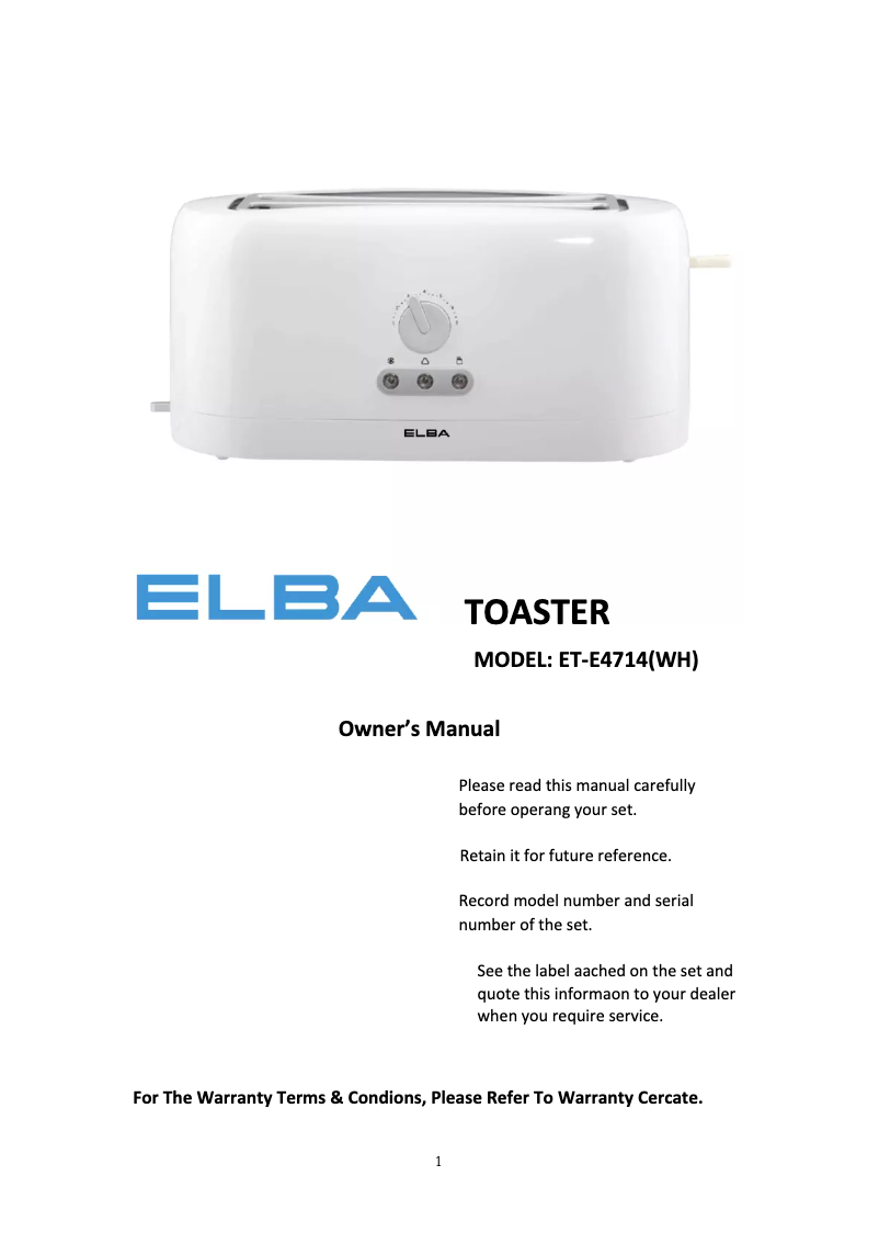 Page 1 de la notice Manuel utilisateur Elba ET-E4714(WH)