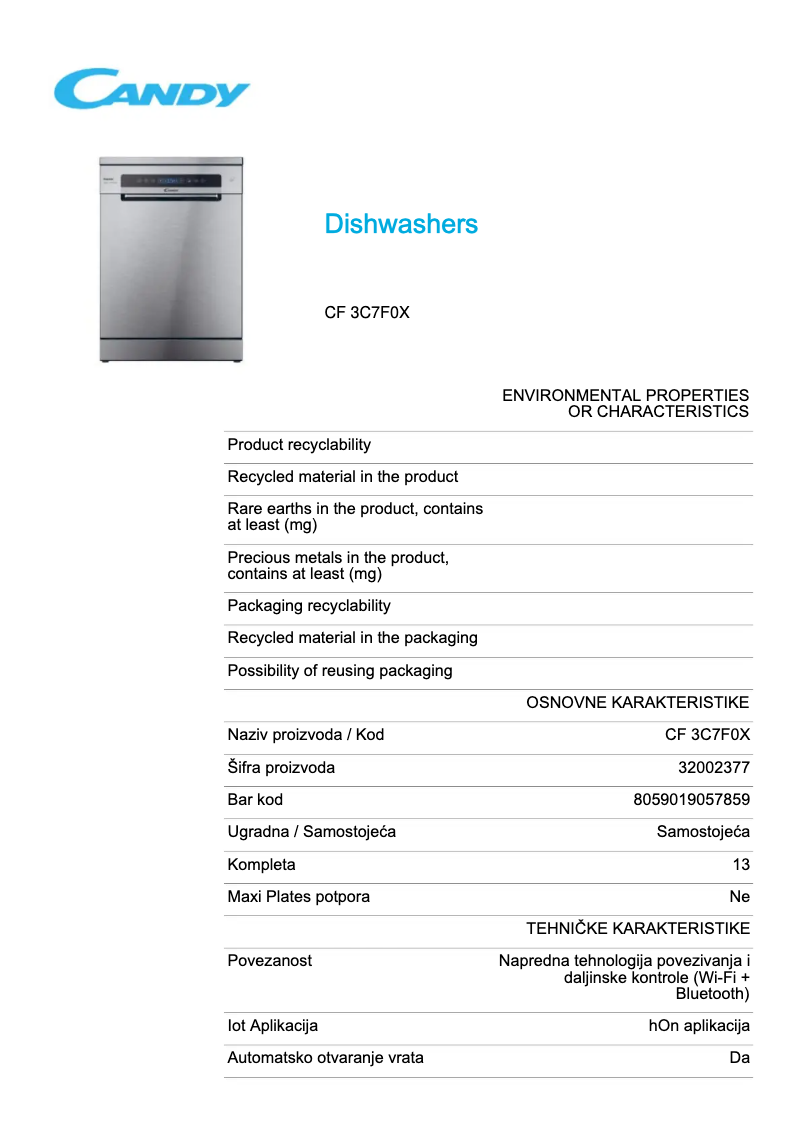 Page 1 de la notice Fiche technique Candy Rapido' CF 3C7F0X
