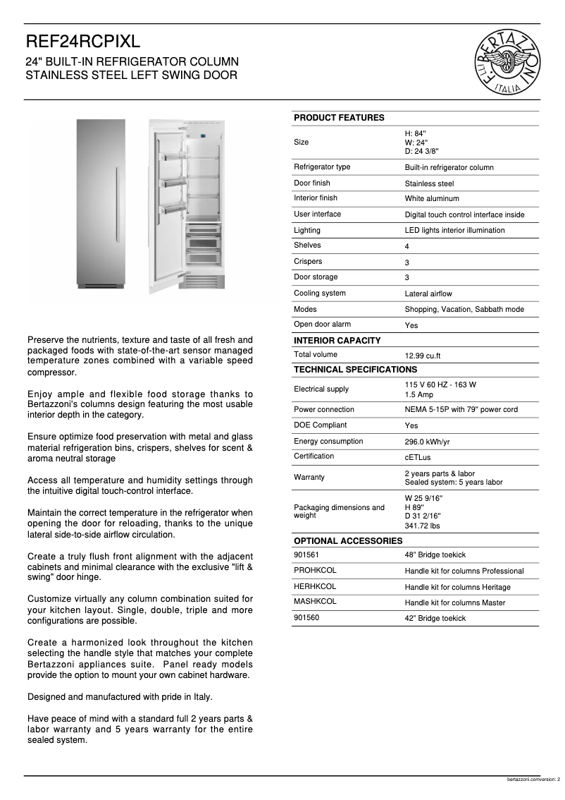 Page 1 de la notice Fiche technique Bertazzoni REF24RCPIXL