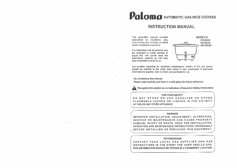 Page 1 de la notice Manuel utilisateur Paloma PR-10DSS