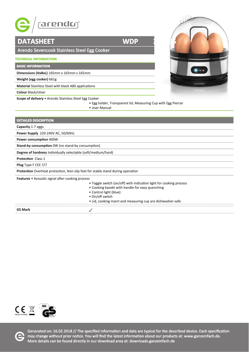 Page 1 de la notice Fiche technique Arendo Sevencook 305920