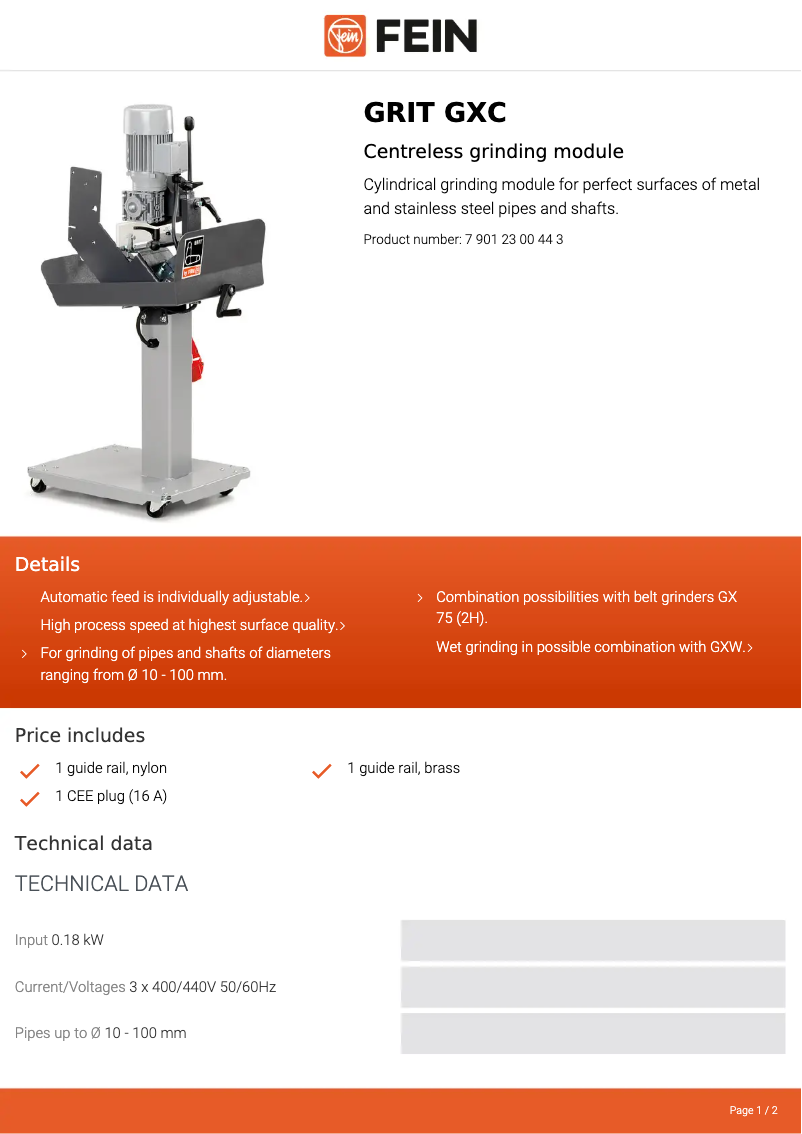 Page n°1 - Fiche technique Fein GRIT GXC