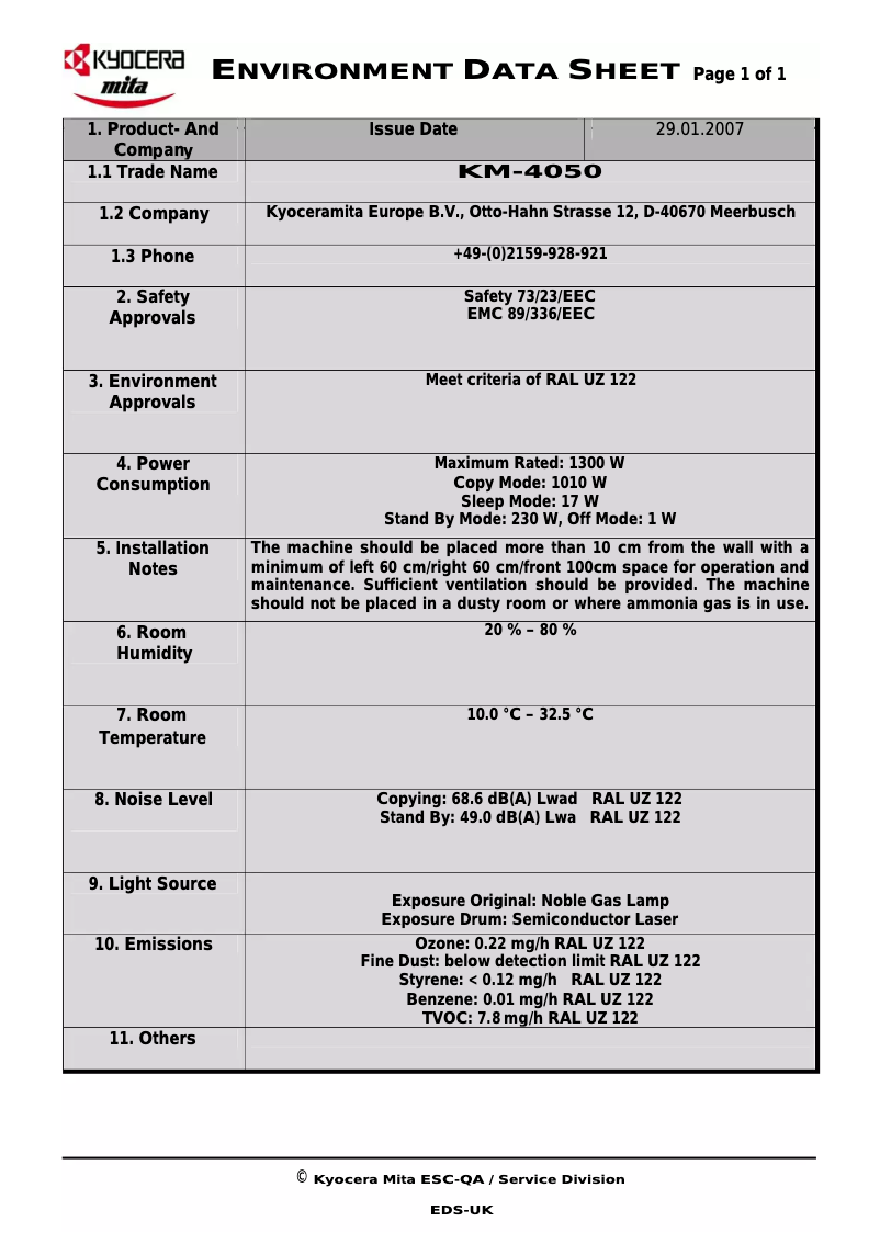 Page 1 de la notice Fiche technique Kyocera KM-4050