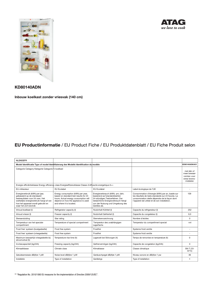 Page 1 de la notice Fiche technique Atag KD80140ADN