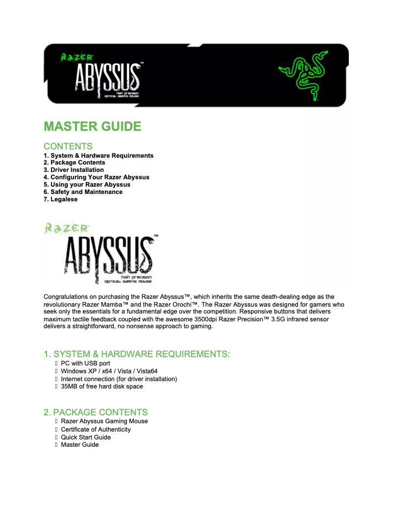 Page 1 de la notice Manuel utilisateur Razer Abyssus V2