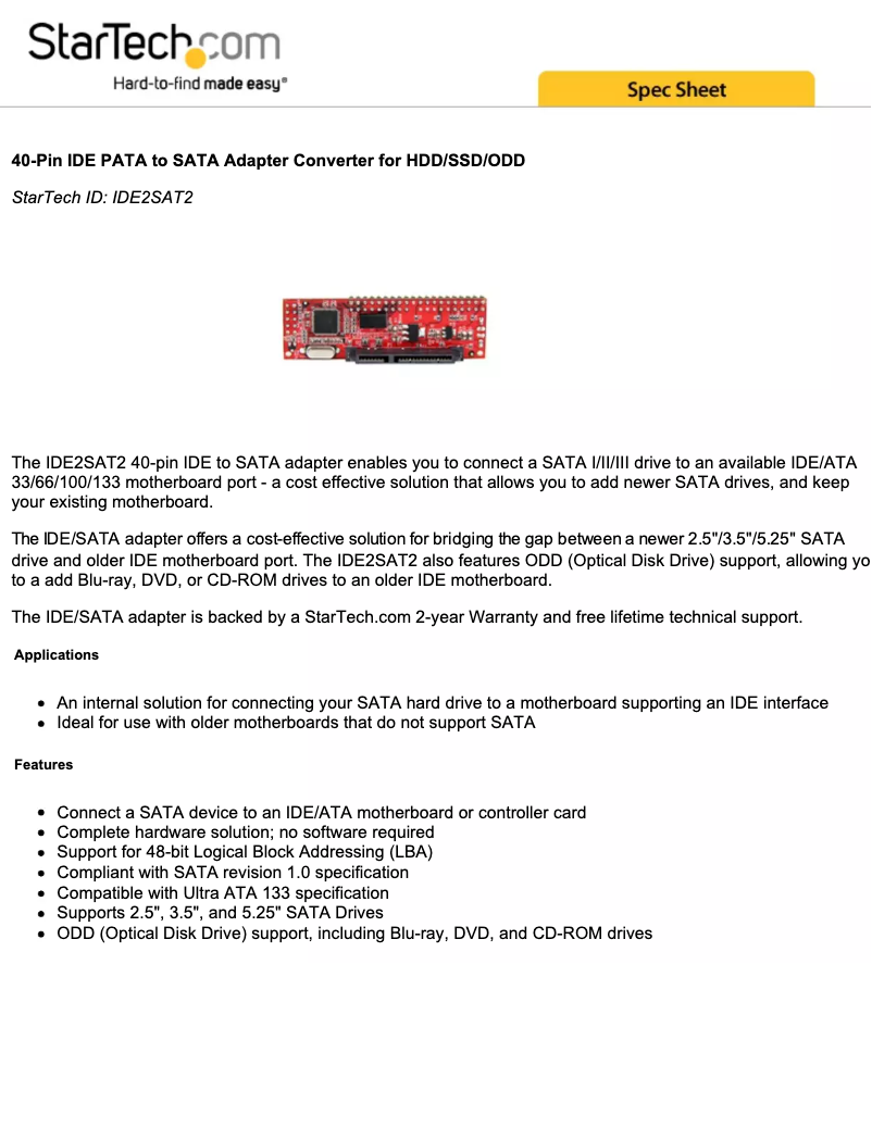 Page 1 de la notice Brochure StarTech.com IDE2SAT2