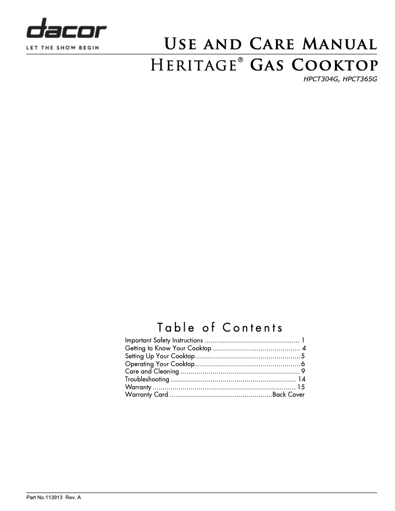 Page 1 de la notice Manuel d'utilisation et d'entretien Dacor HPCT365GSLPH
