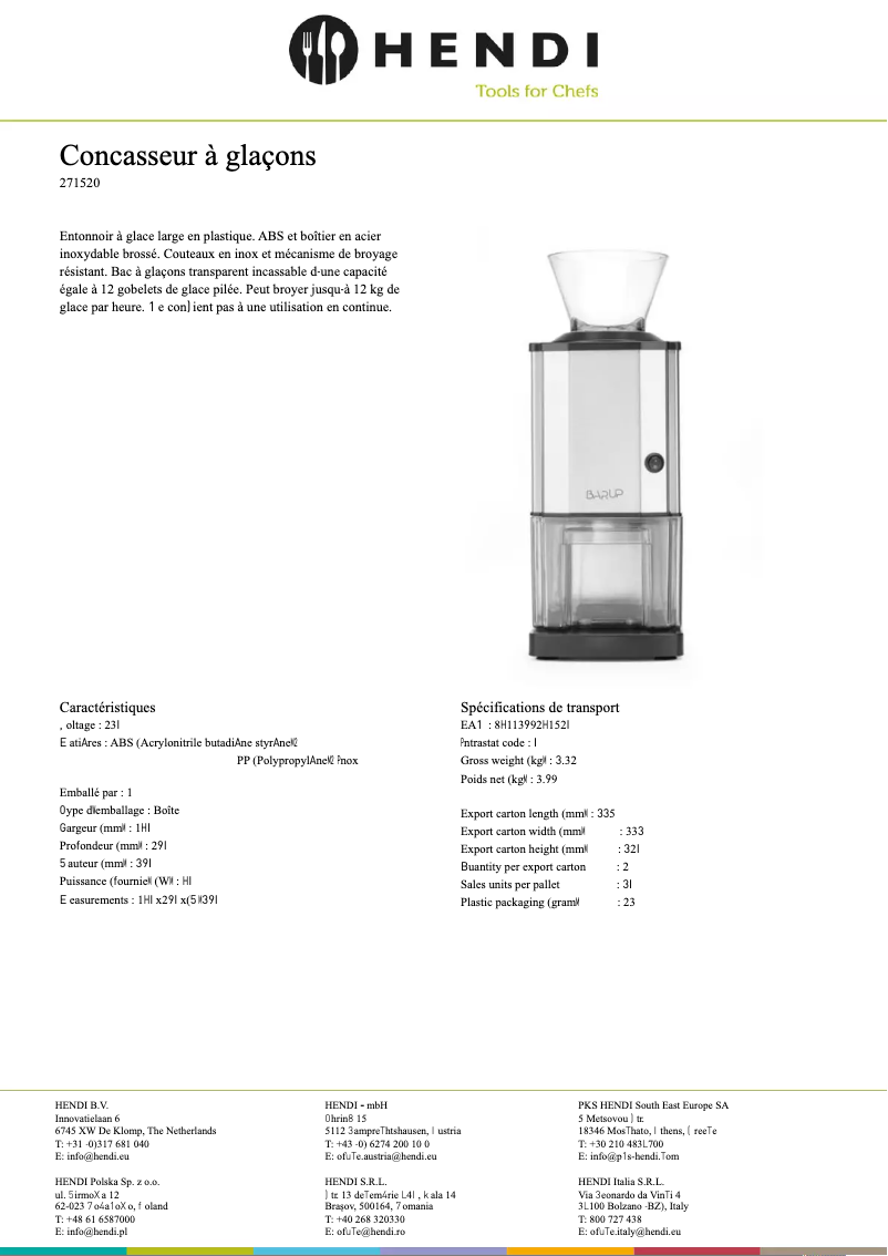 Page n°1 - Fiche technique Hendi 271520