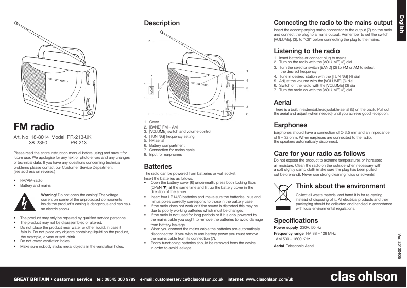 Page 1 de la notice Manuel utilisateur Clas Ohlson PR-213
