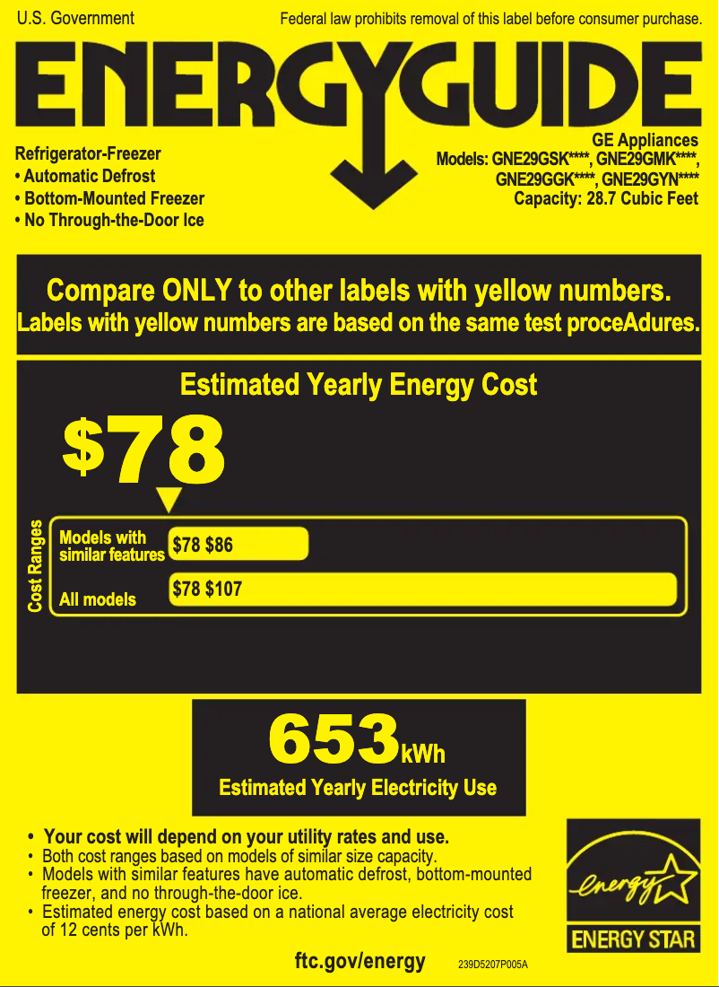 Page 1 de la notice Label énergétique GE GNE29GSKSS