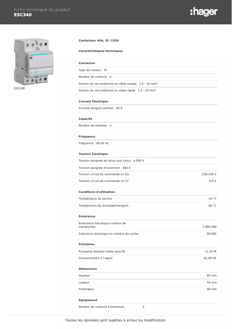 Page 1 de la notice Manuel utilisateur Hager ESC340
