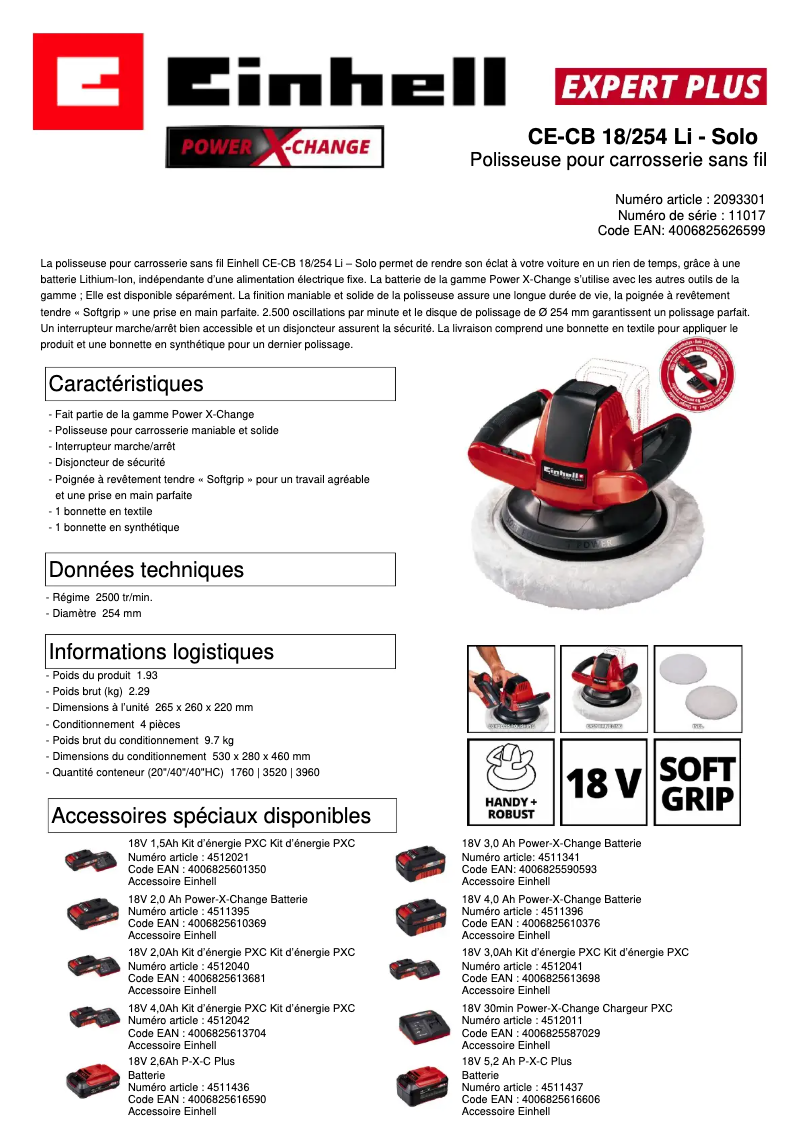 Page n°1 - Fiche technique Einhell CE-CB 18/254 Li-Solo