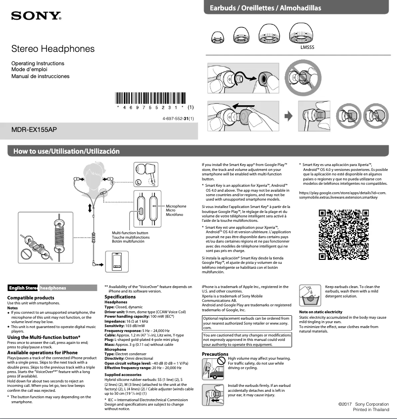 Página 1 del manual Manual de usuario Sony MDR-EX155AP