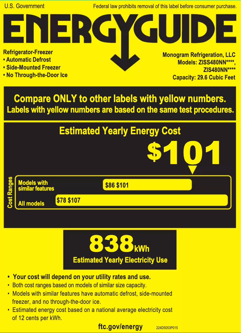 Page 1 de la notice Label énergétique Monogram ZIS480NNII