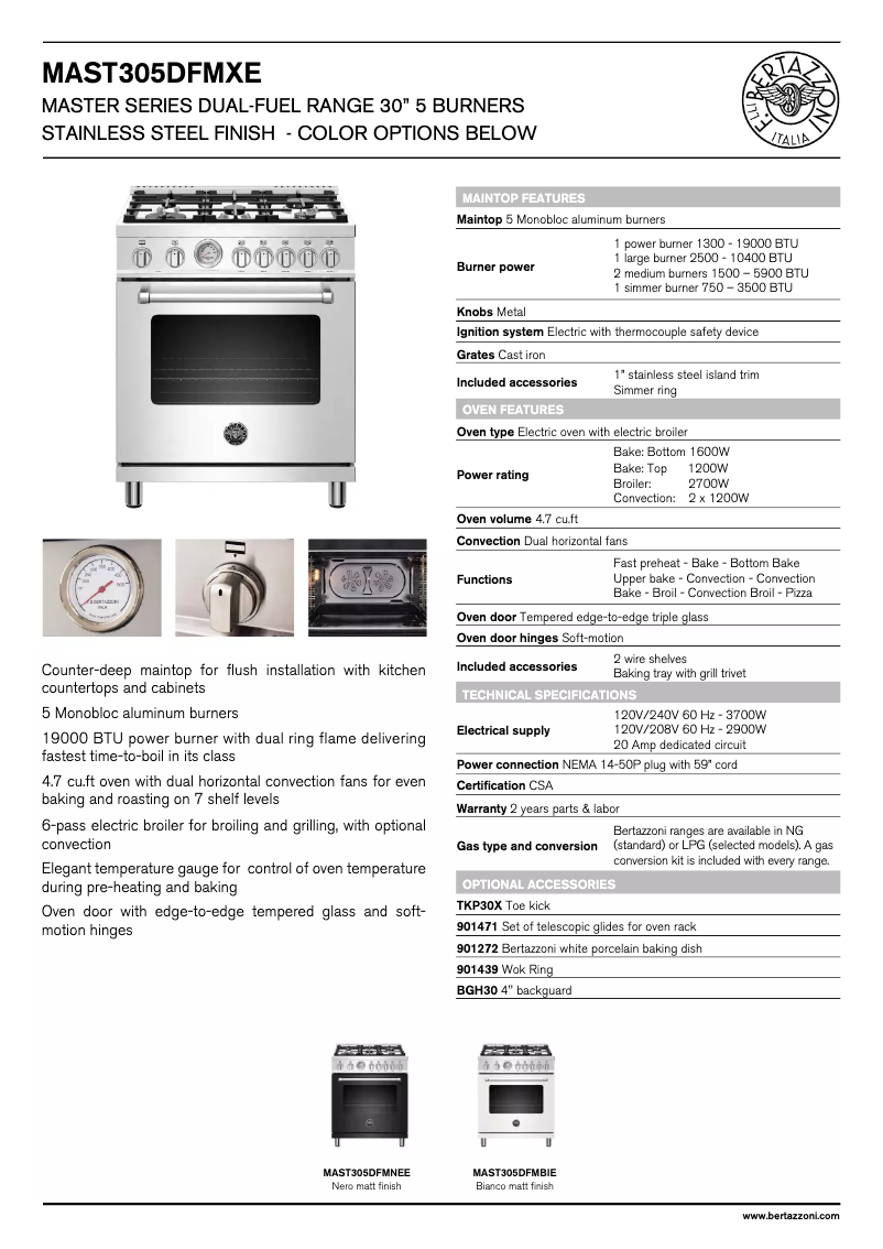 Page n°1 - Fiche technique Bertazzoni MAST305DFMNEE
