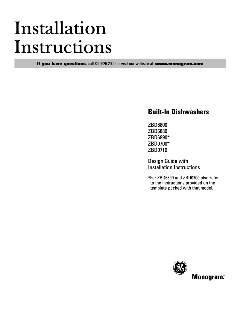 Page 1 de la notice Guide d'installation GE ZBD6800NWW