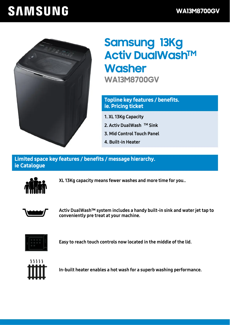 Page 1 de la notice Fiche technique Samsung WA13M8700GV