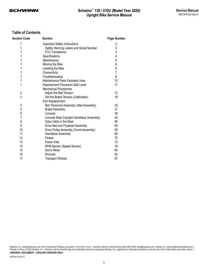 Page 1 de la notice Manuel utilisateur Schwinn 130