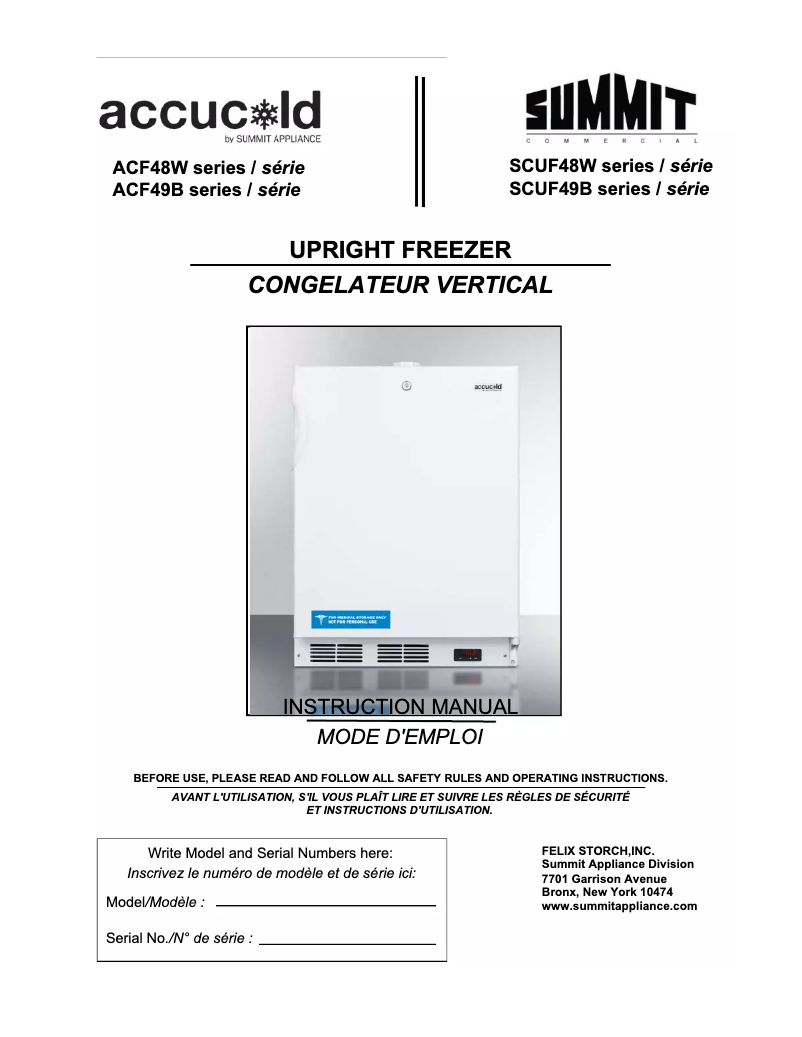 Page n°1 - Manuel d'utilisation et d'entretien Summit Accucold ACF48W