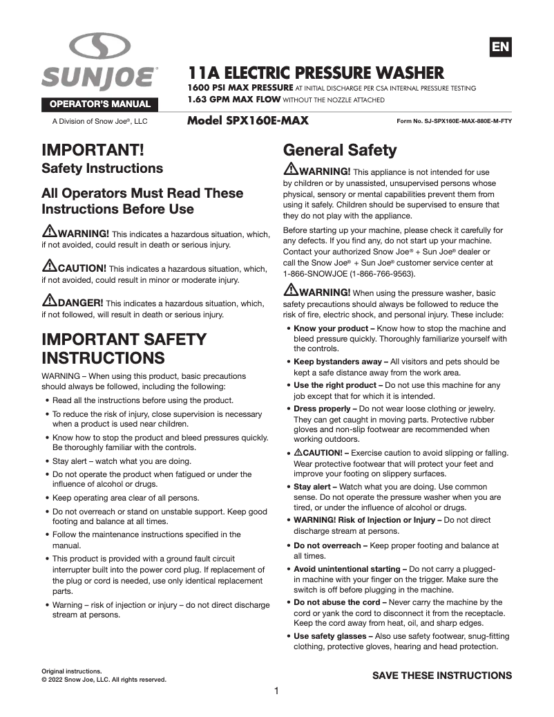 Page 1 de la notice Manuel utilisateur Sun Joe SPX160E-MAX