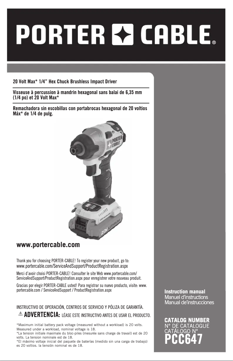 Page 1 de la notice Manuel utilisateur Porter-Cable PCCK647