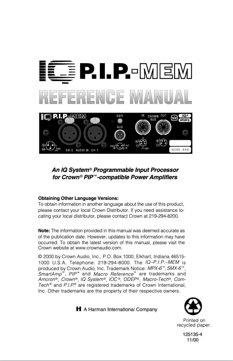 Image de la première page du manuel de l'appareil IQ-P.I.P.-MEM