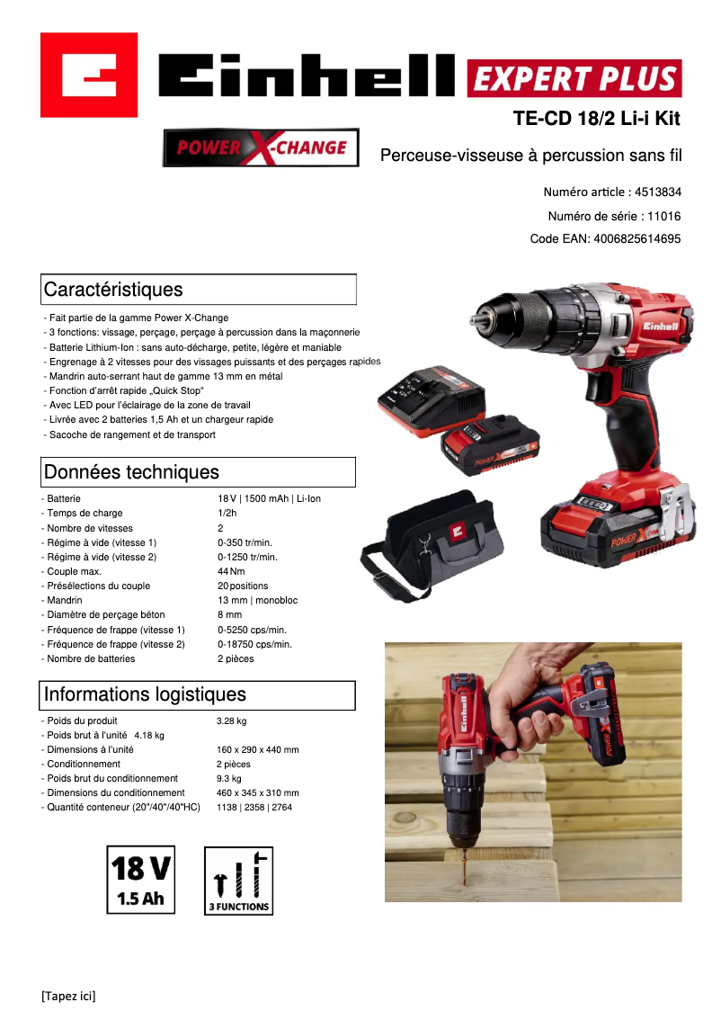 Page 1 de la notice Fiche technique Einhell TE-CD 18/2 Li-i