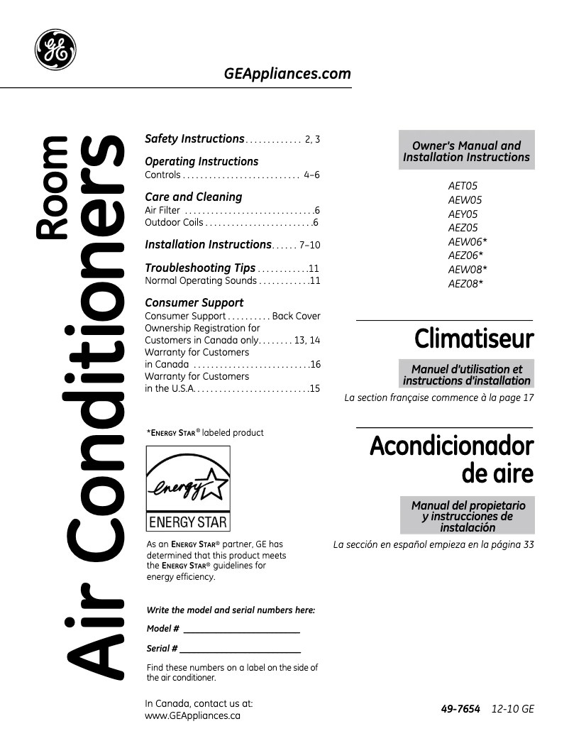 Page 1 de la notice Guide d'installation GE AEY05LP
