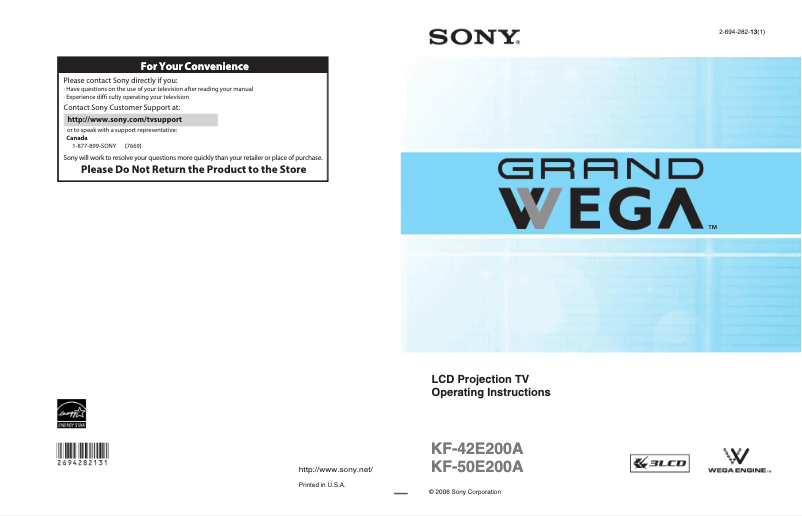 Page 1 de la notice Manuel utilisateur Sony KF-42E200A