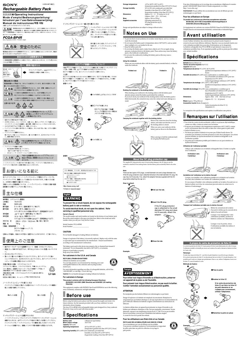 Image de la première page du manuel de l'appareil PCGA-BP4R