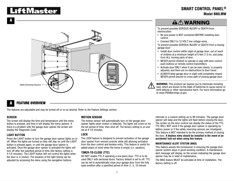 Page n°1 - Manuel utilisateur LiftMaster 880LMW