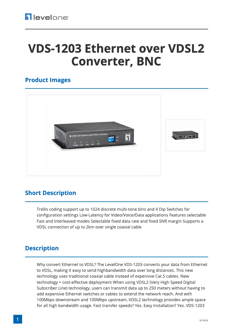 Página 1 del manual Ficha técnica LevelOne VDS-1203