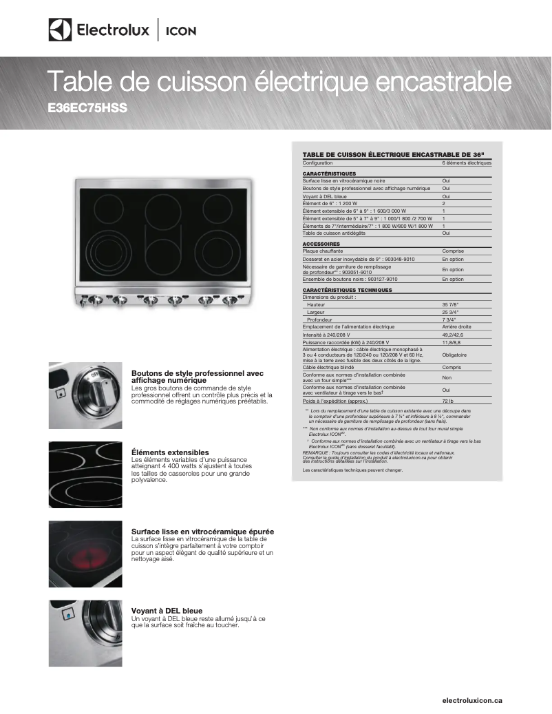 Page 1 de la notice Fiche technique Electrolux ICON E36EC75HSS