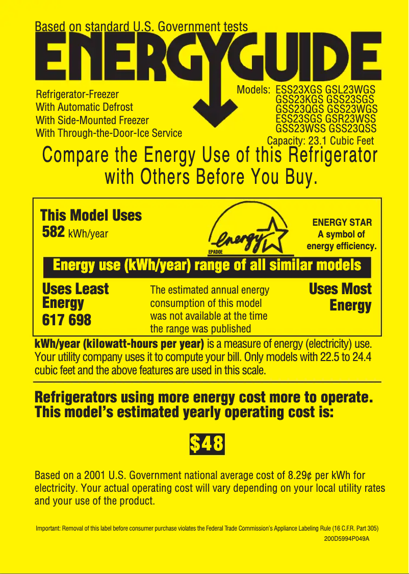 Page 1 de la notice Label énergétique GE GSS23SGSSS