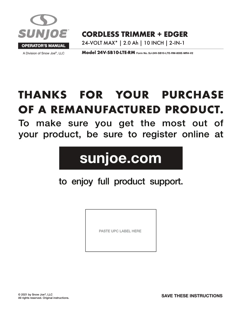 Page 1 de la notice Manuel utilisateur Sun Joe 24V-SB10-LTE-RM