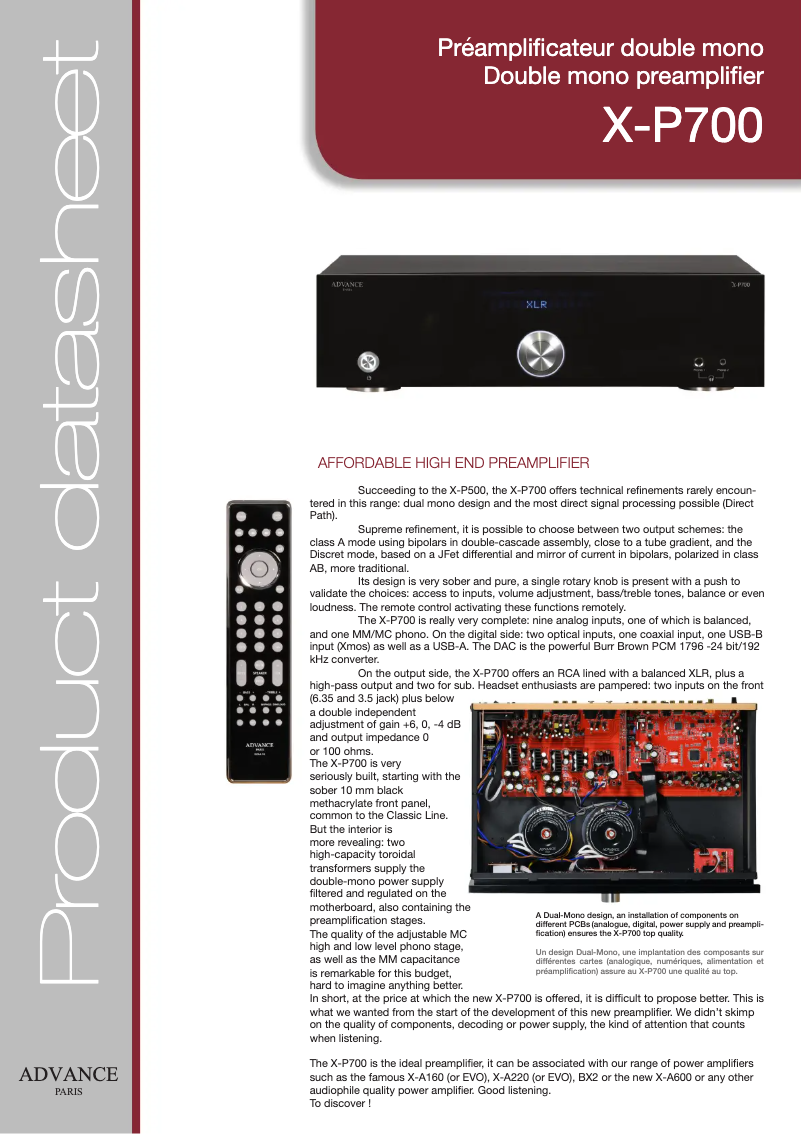 Page 1 de la notice Fiche technique Advance X-P700
